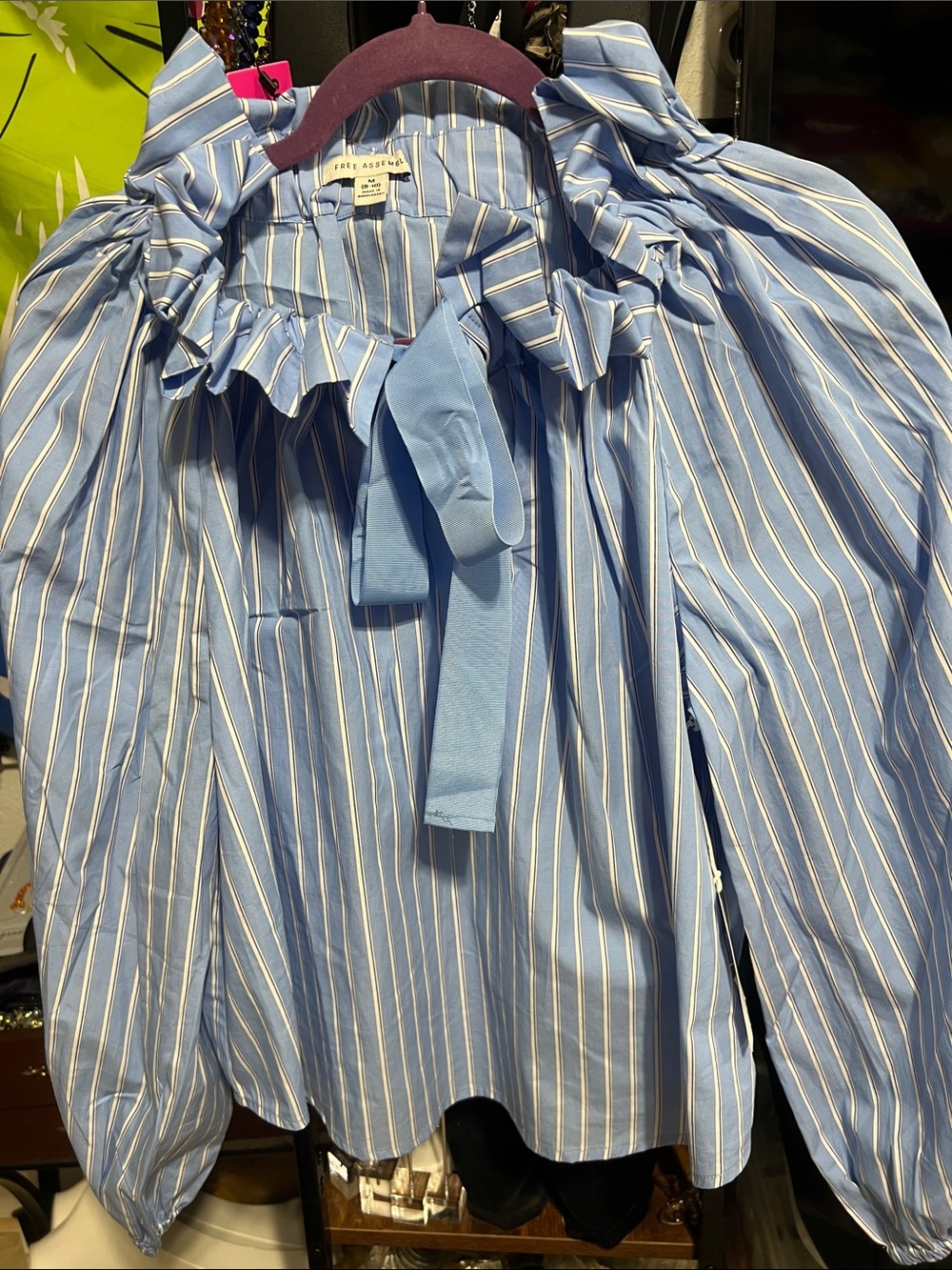 Striped Ruffle Tie-Neck Blouse in Light Blue